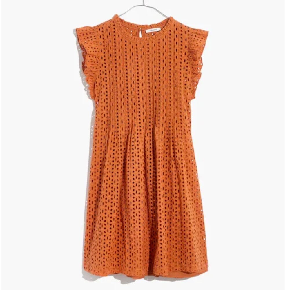 MADEWELL | Eyelet Ruffle-Sleeve Pintuck Mini Dress Orange Mulled Cider | Medium - Picture 1 of 9